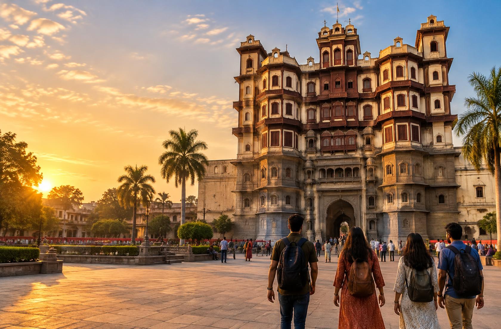 Golden evening at Indore's Rajwada Palace, with travelers setting off to explore